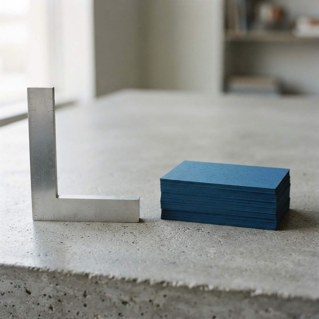 Drafting square and index cards on concrete surface