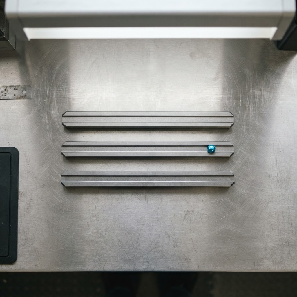 Precision alignment bars on brushed steel surface