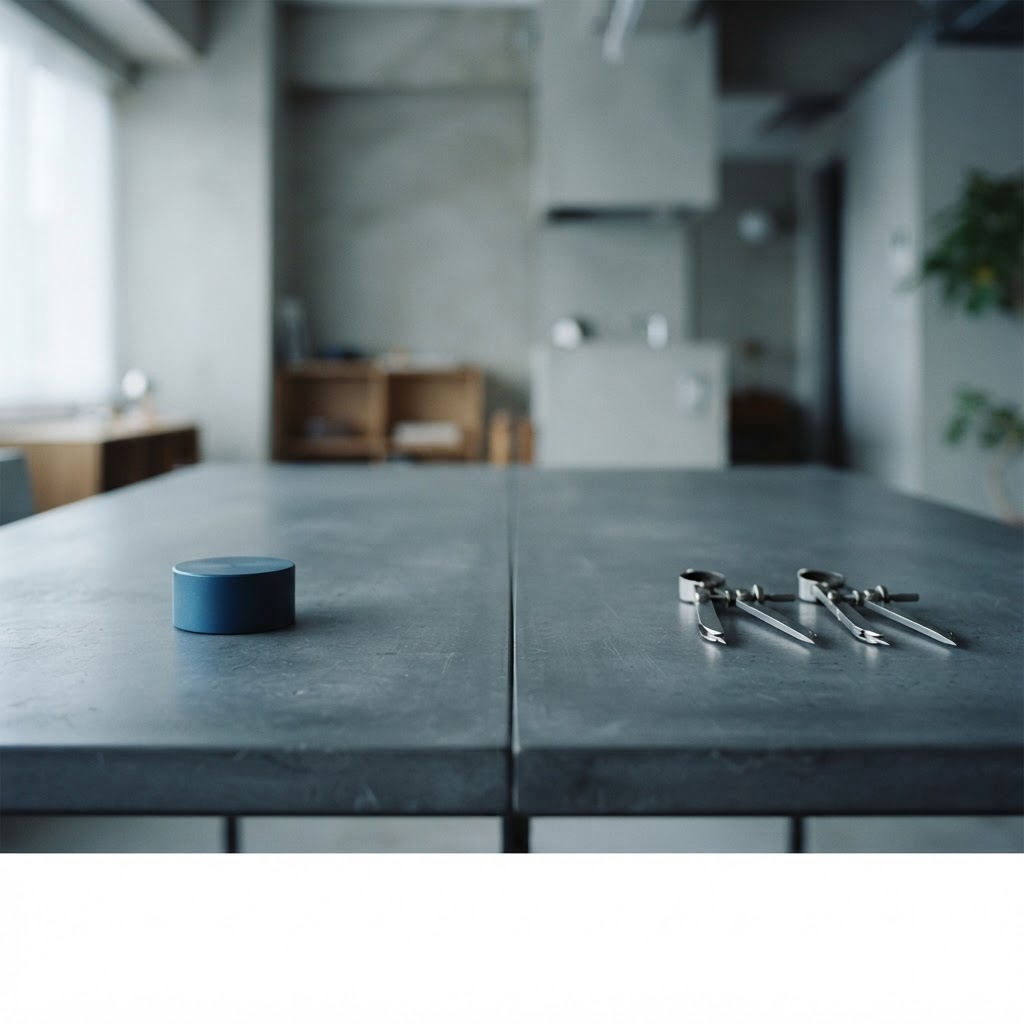 Two distinct work areas on a slate table