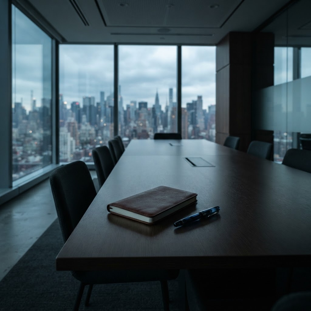 Minimalist boardroom meeting table with notebook