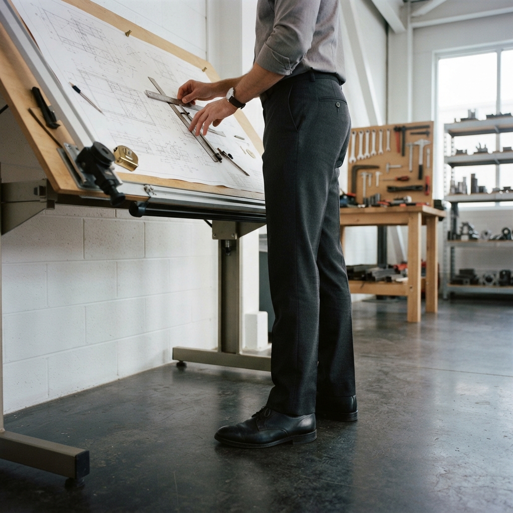 Workspace with architectural plans on a table