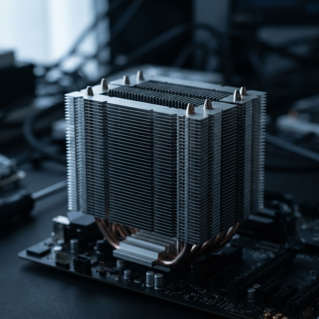 Macro detail of computer hardware metal fins