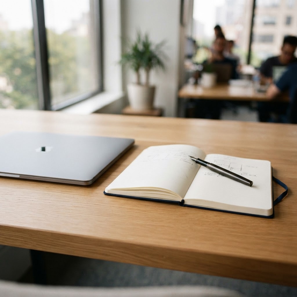 Minimalist desk setup with closed laptop and notebook