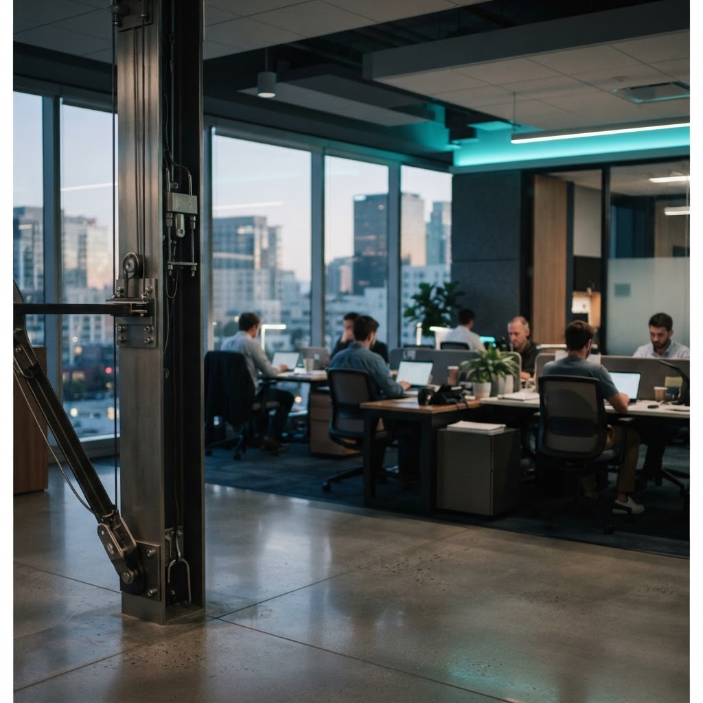 Modern professional workspace with team members in soft focus