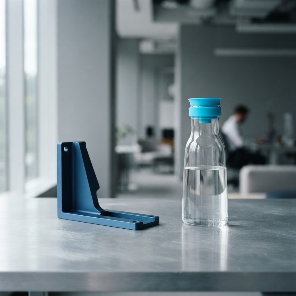 A geometric metal bracket and glass carafe on a desk