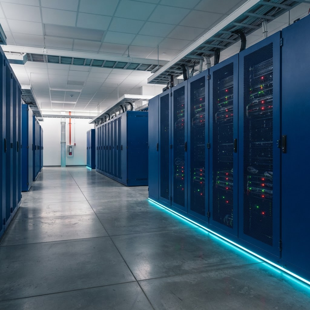 Rows of professional server racks in a minimalist facility