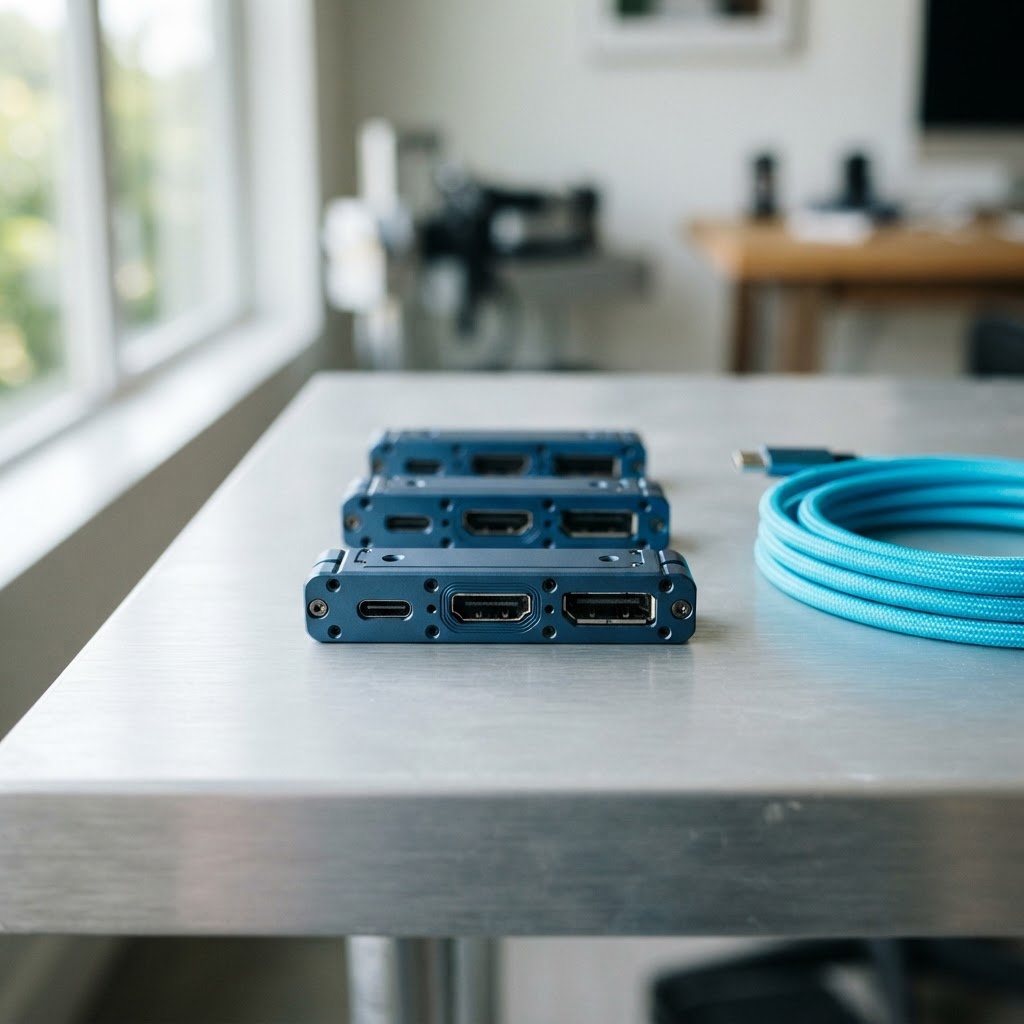 Three deep blue modular metal ports on an aluminum surface