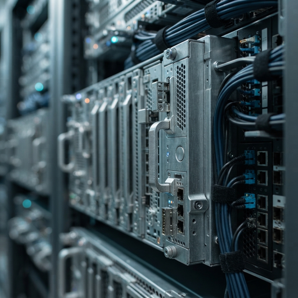 Close-up of precise server rack hardware