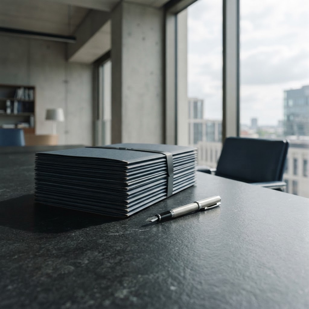 Minimalist office table with folders and a pen