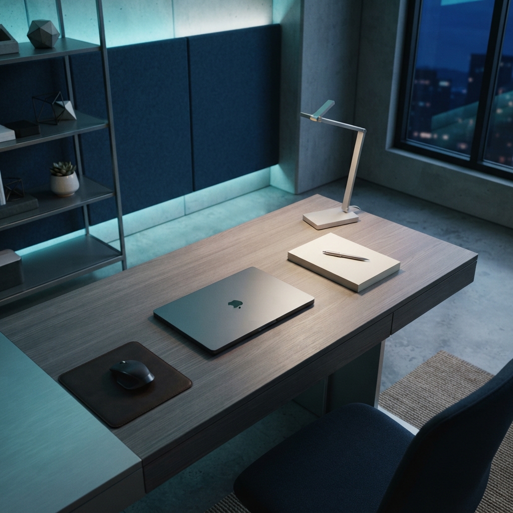 Minimalist desk setup with a closed laptop and notebook