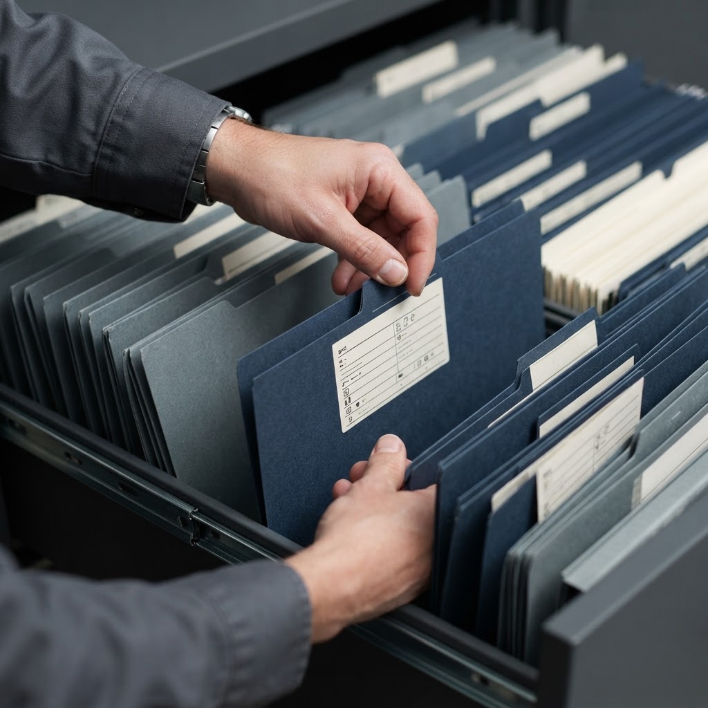 Hands organizing physical folders in a professional office