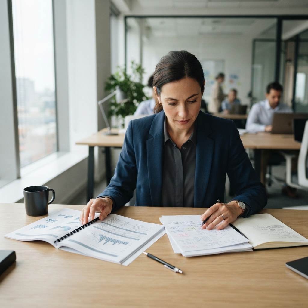 Professional reviewing physical audit documentation at a desk