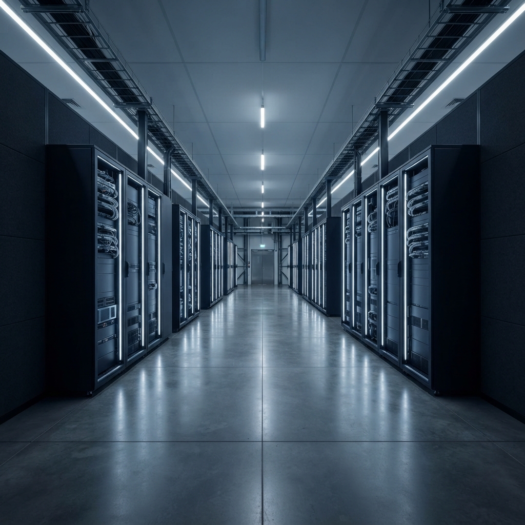 Modern server room hallway with organized infrastructure
