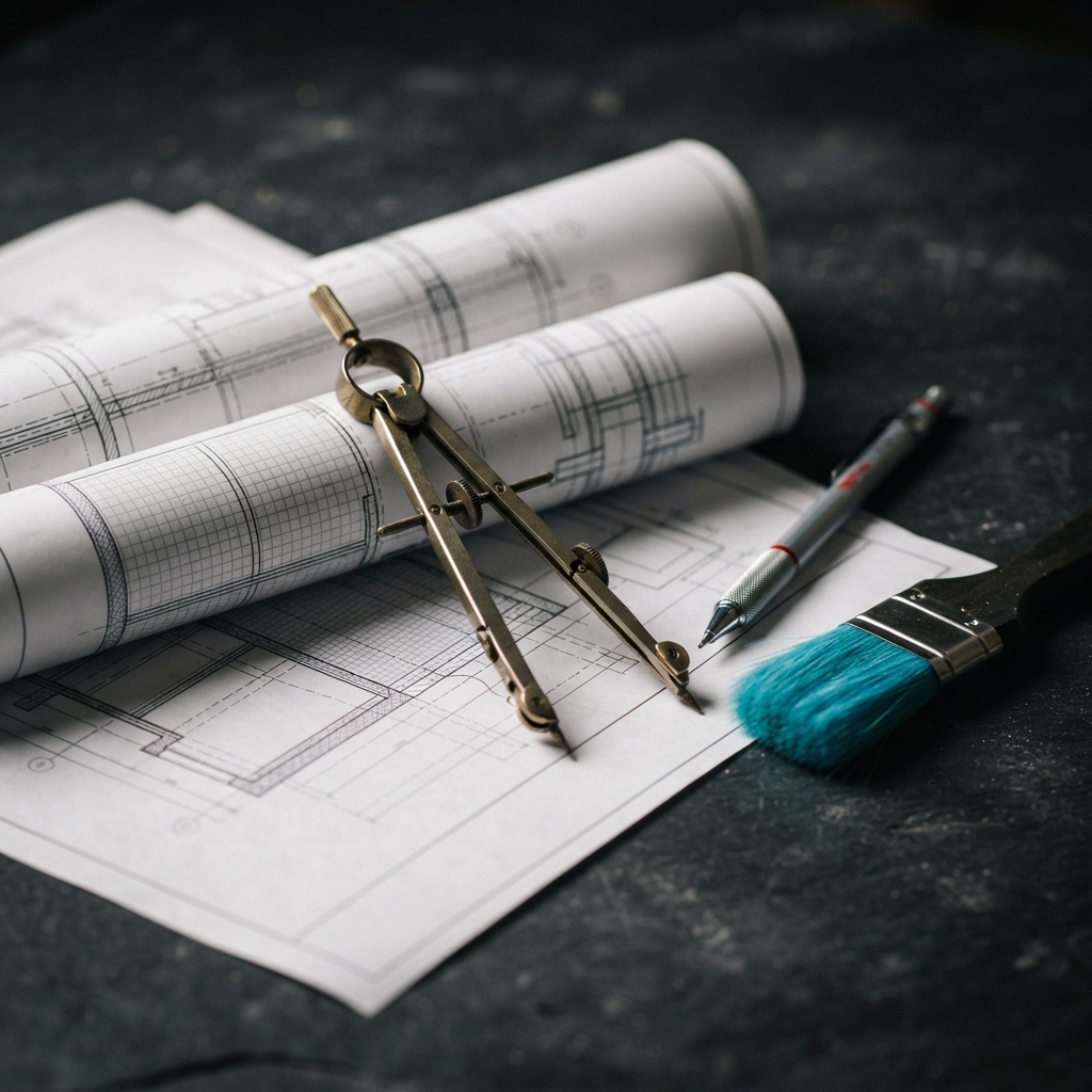 Technical drafting tools and architectural prints on a desk