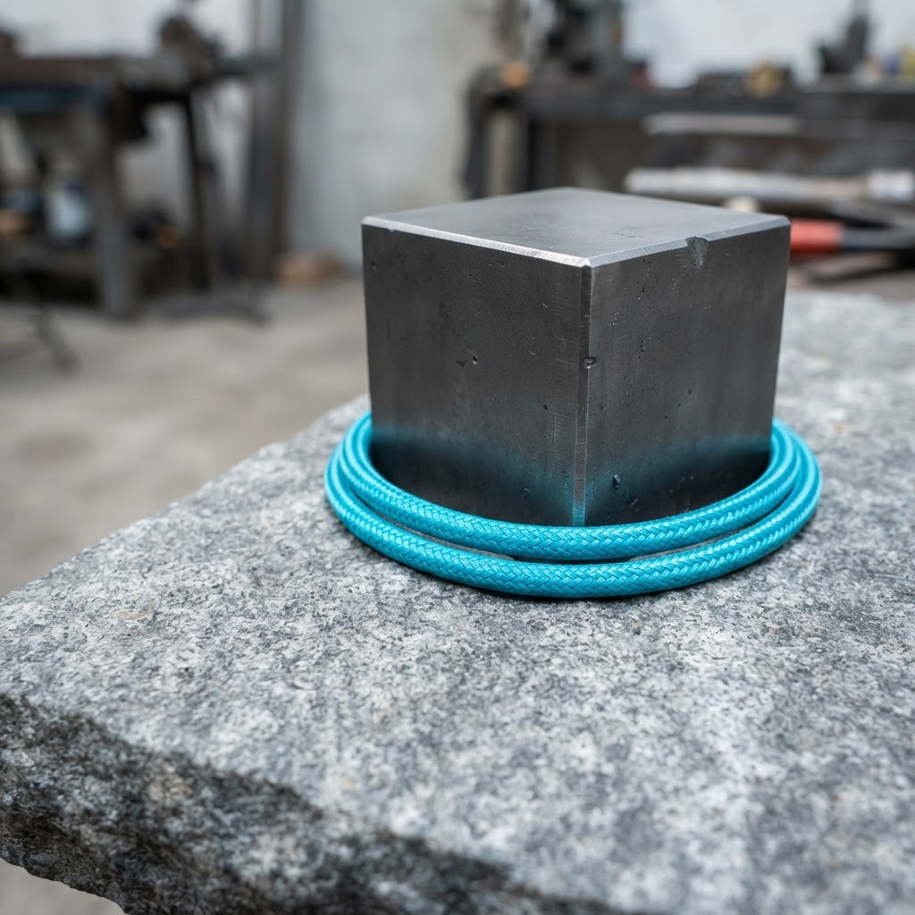 Heavy gray steel block with a cyan cable