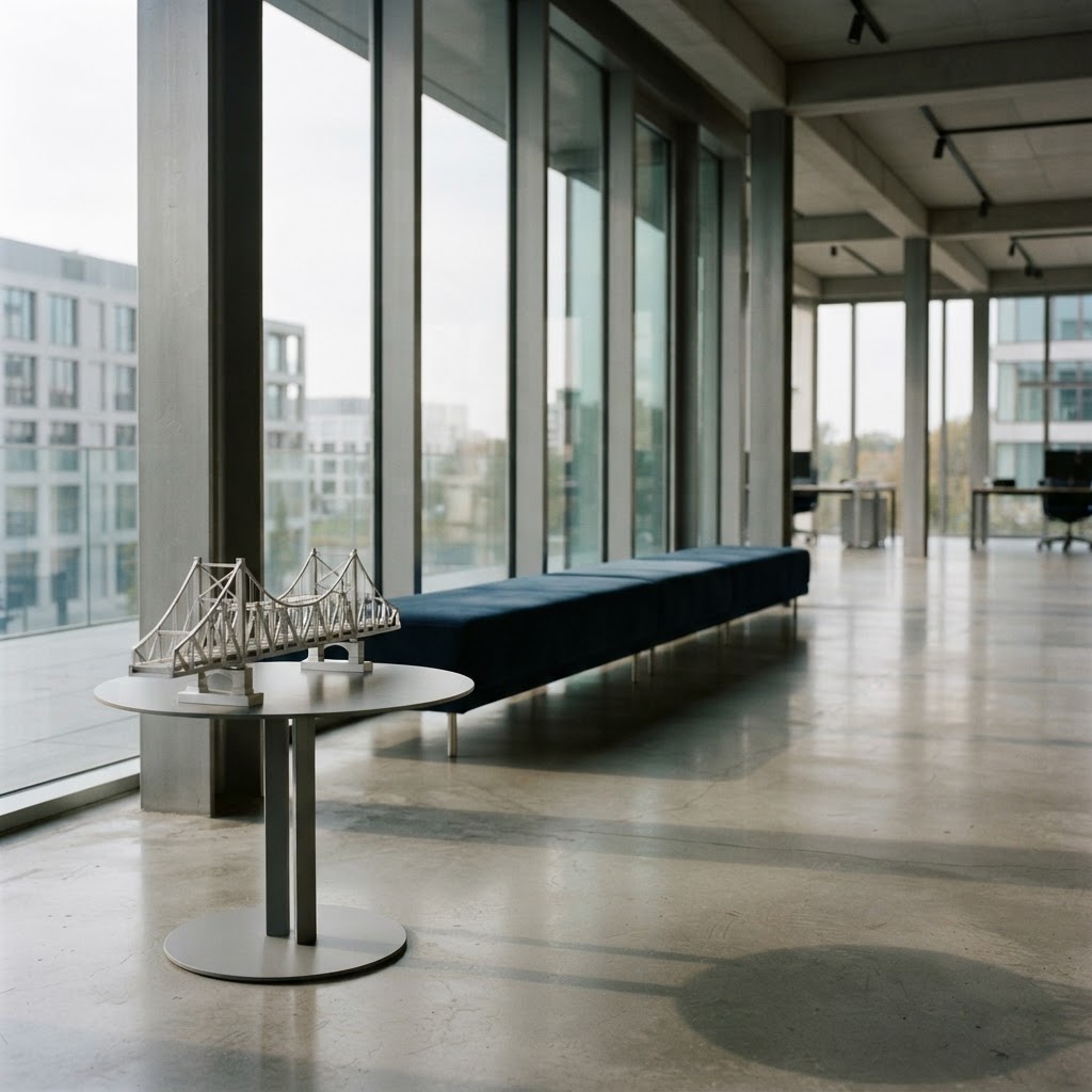 Minimalist office space with a precision bridge model