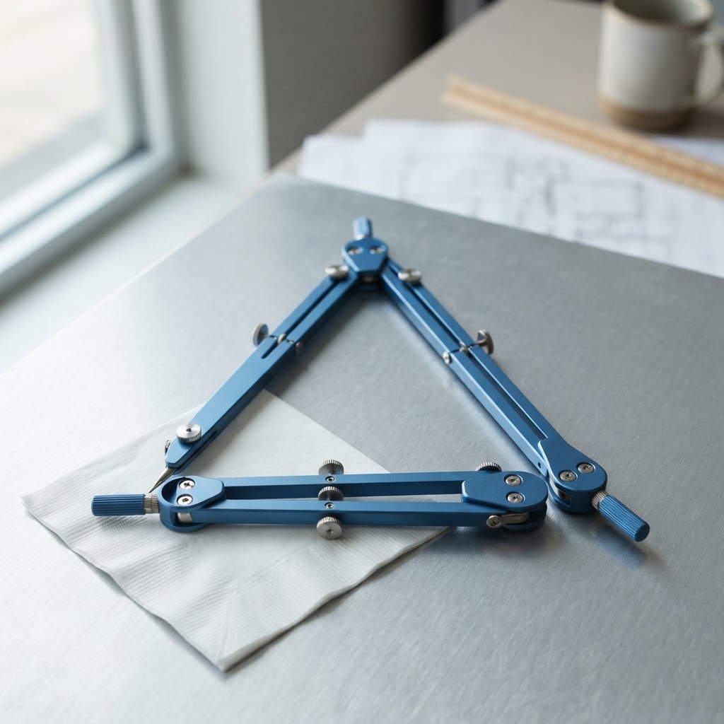 Three precision metal compasses arranged in a triangle