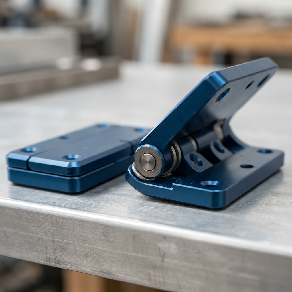 Two precision blue metal hinges on aluminum
