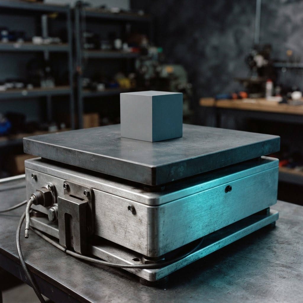 Industrial metal scale with a single gray cube