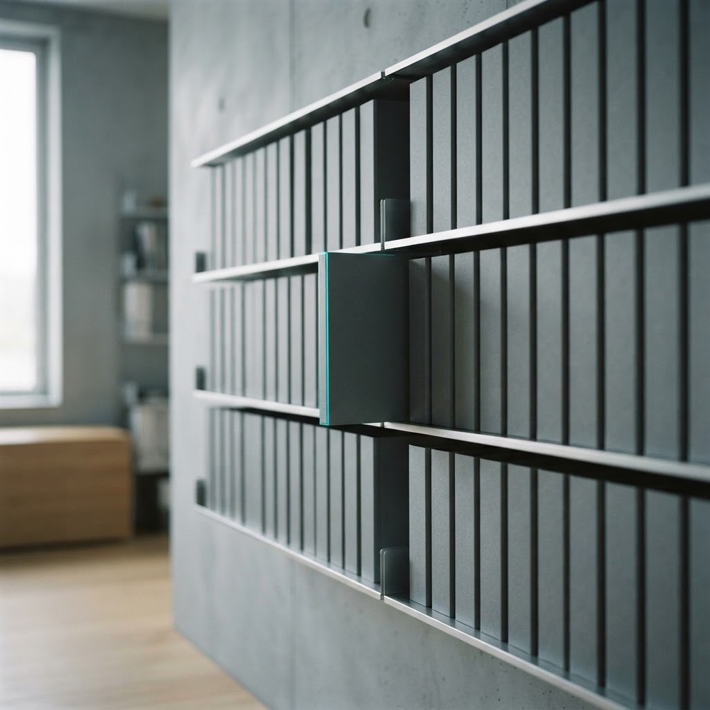 Minimalist organized shelving with one folder pulled forward