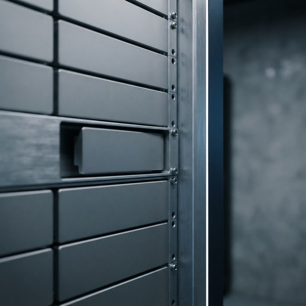 Modular metal rack with one recessed plate, a metaphor for deliberately structured content