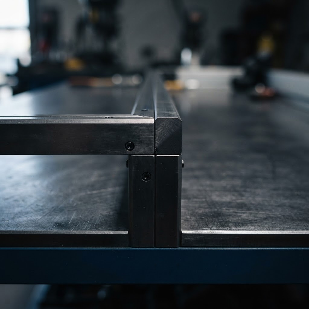 Close up of intersecting metal edge guides on steel