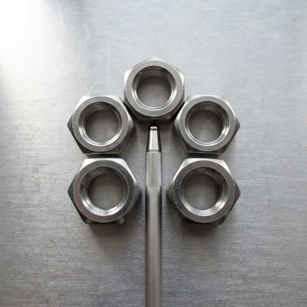 Hexagonal metal nuts arranged around a central stylus