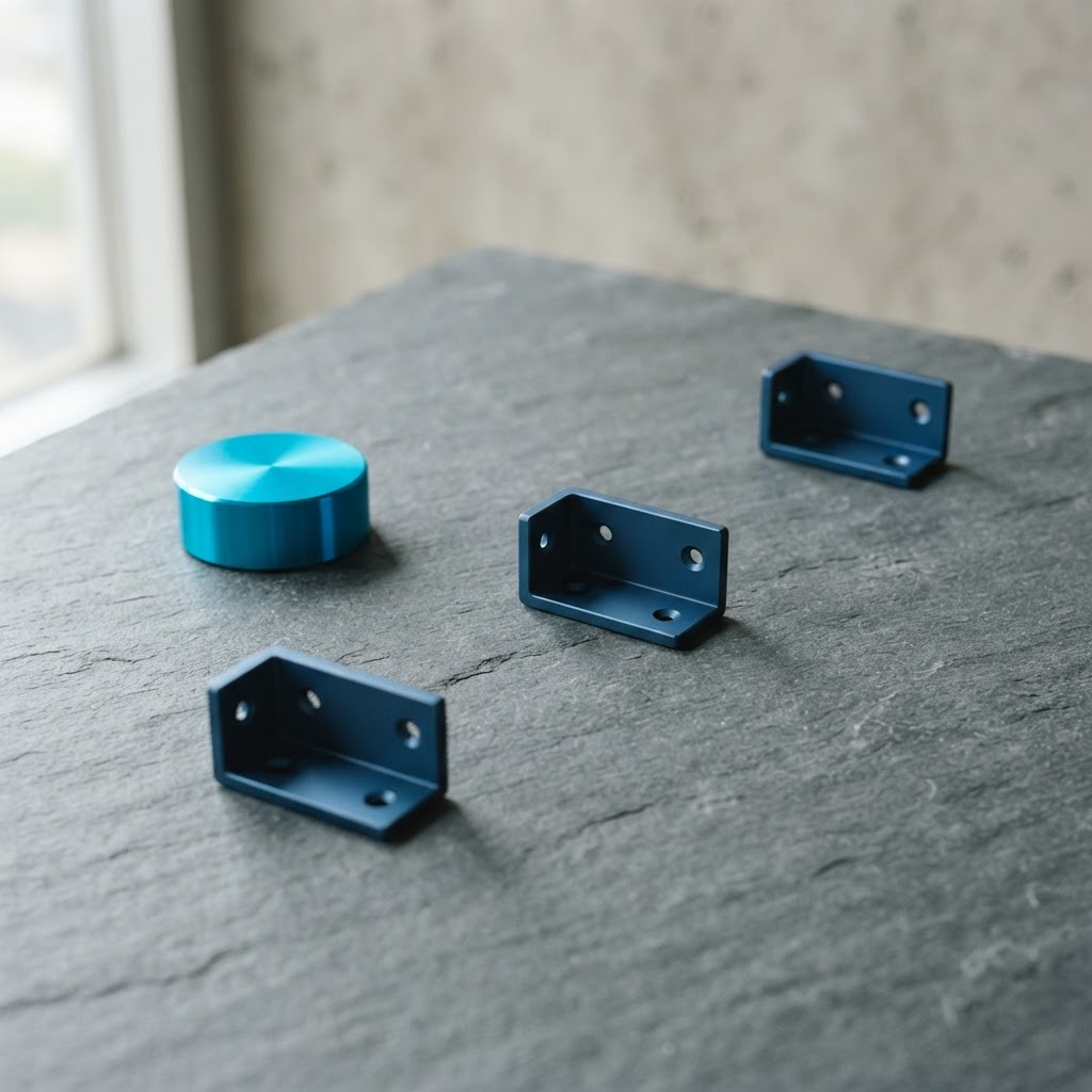 Three metal corner brackets arranged diagonally on slate