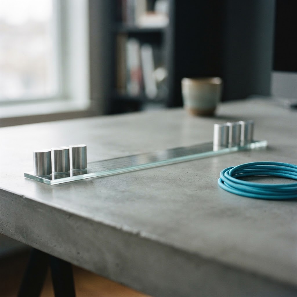 Two sets of metallic cylinders on a concrete desk