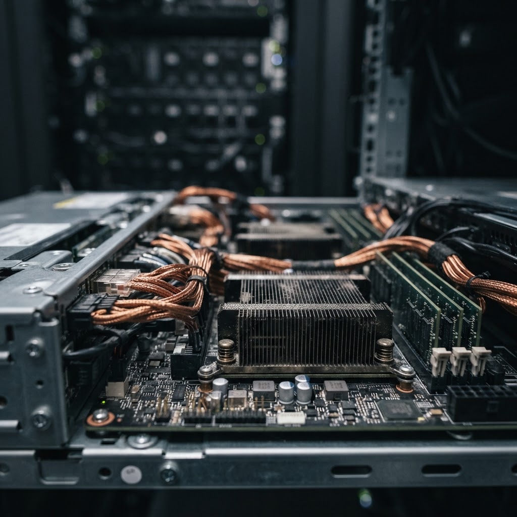Close up of metallic server rack hardware and cabling