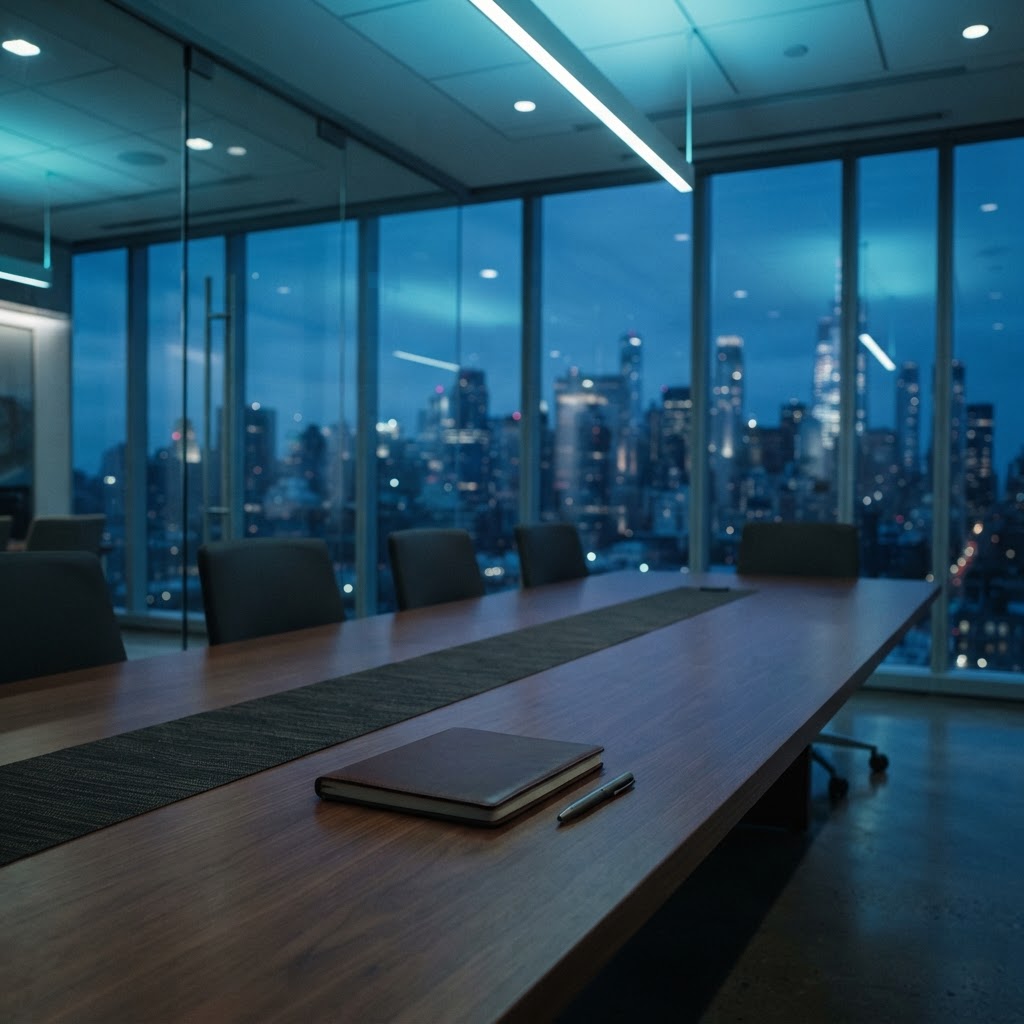 Empty modern conference room with blue city skyline