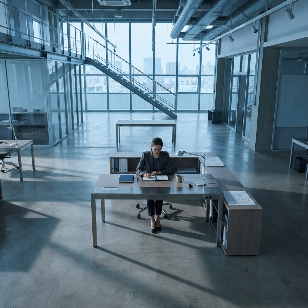 Minimalist architectural workspace with soft lighting