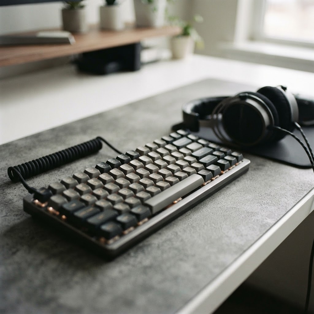 Close up of high end mechanical keyboard and headphones