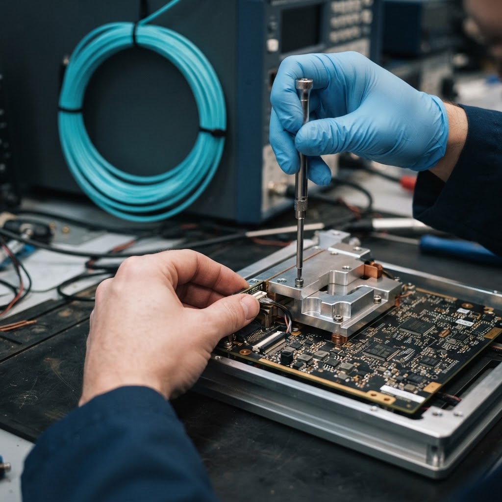 Hands adjusting a physical metallic electronics component