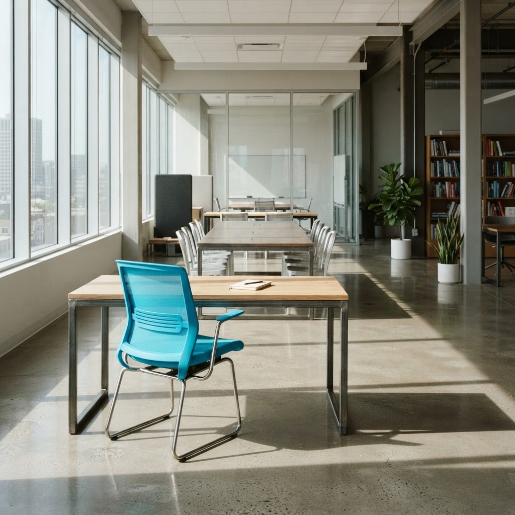 Minimalist modern office space with steel furniture