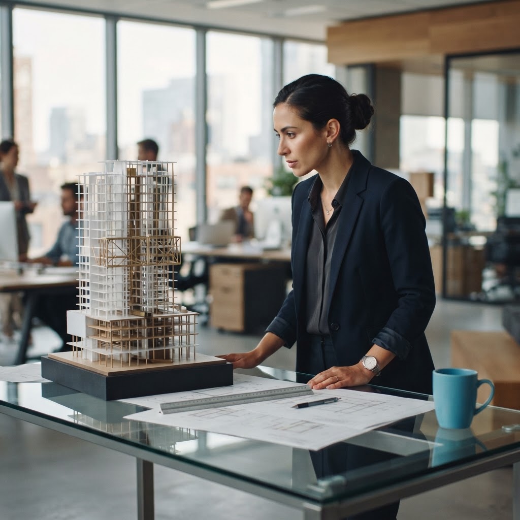 Professional engineer observing a complex structural model