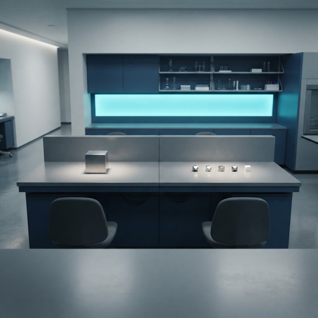 Minimalist workstations showing separate arrangements of geometric objects