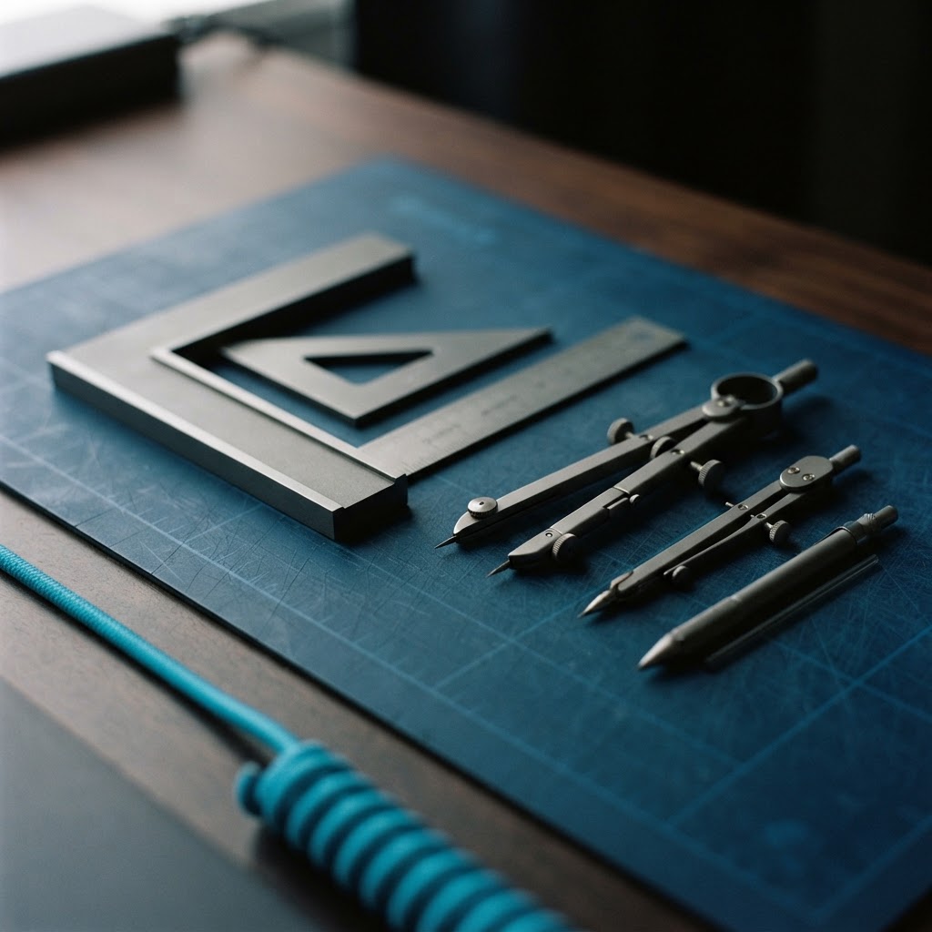 Precision drafting tools organized into two separate clean groups