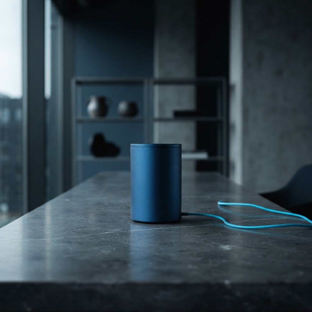 Matte blue metal container on a minimalist stone workspace