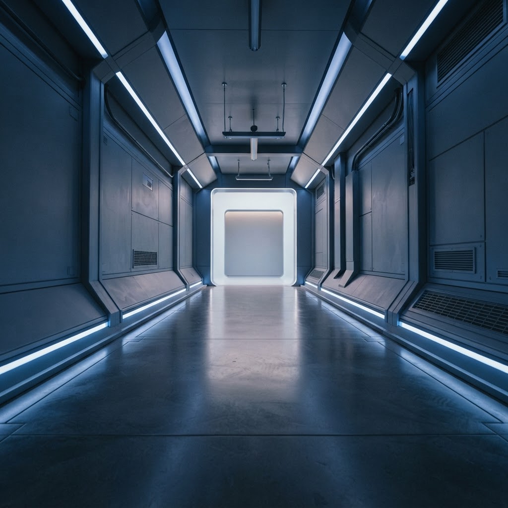 Minimalist high-tech architecture hallway with recessed blue lighting
