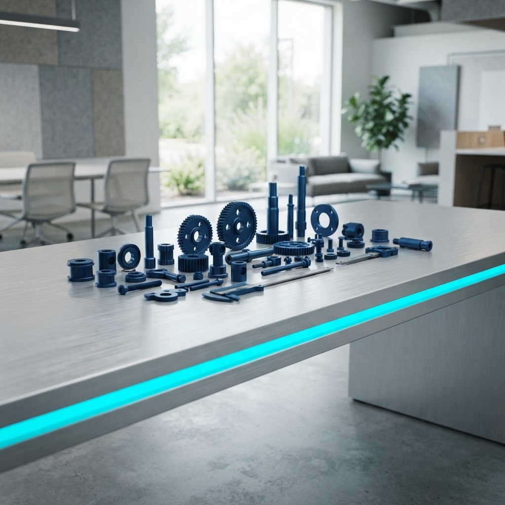 Precision metal components on a minimalist aluminum workspace