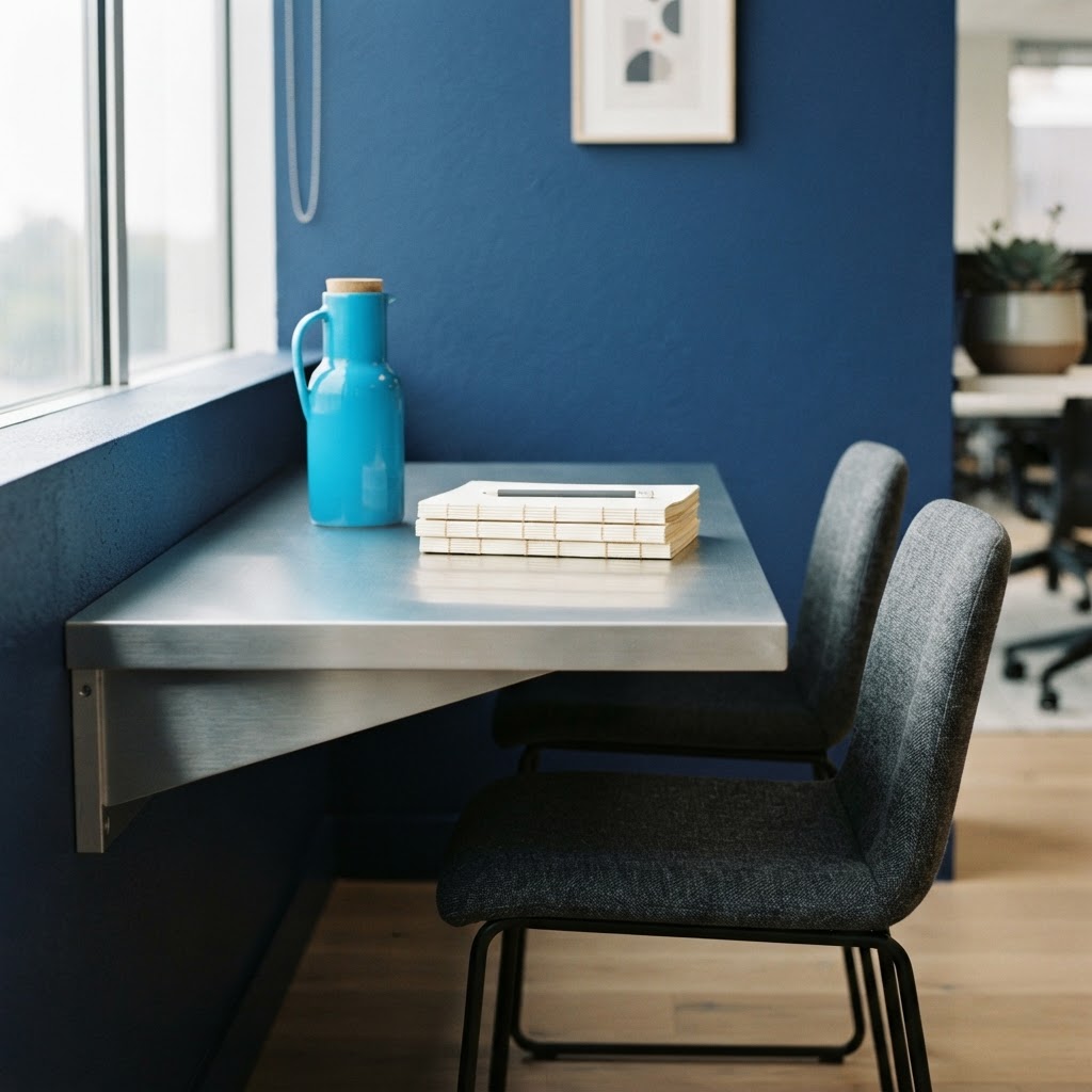 Minimalist office collaborative corner with desk and carafe