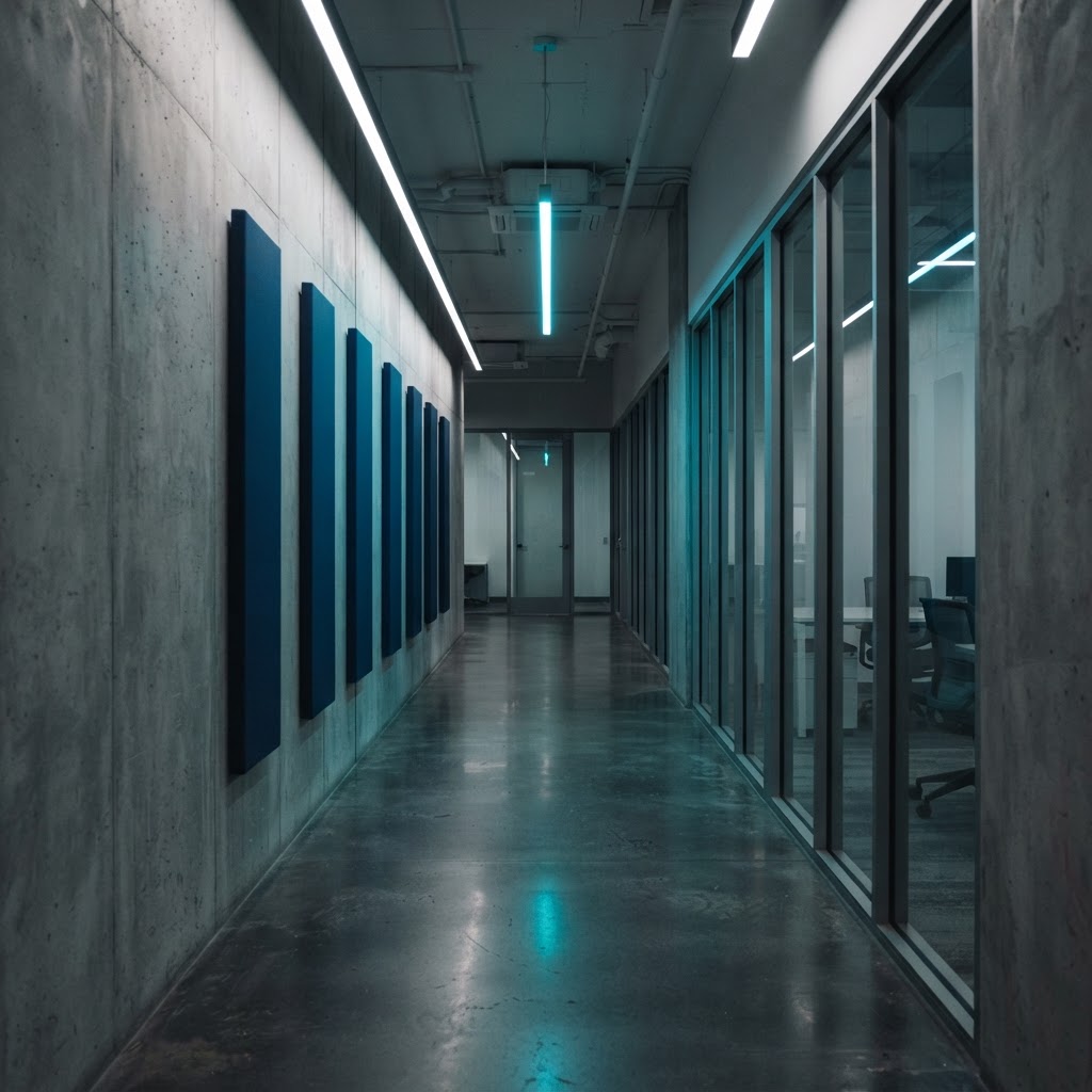 Minimalist office corridor with blue acoustic panels