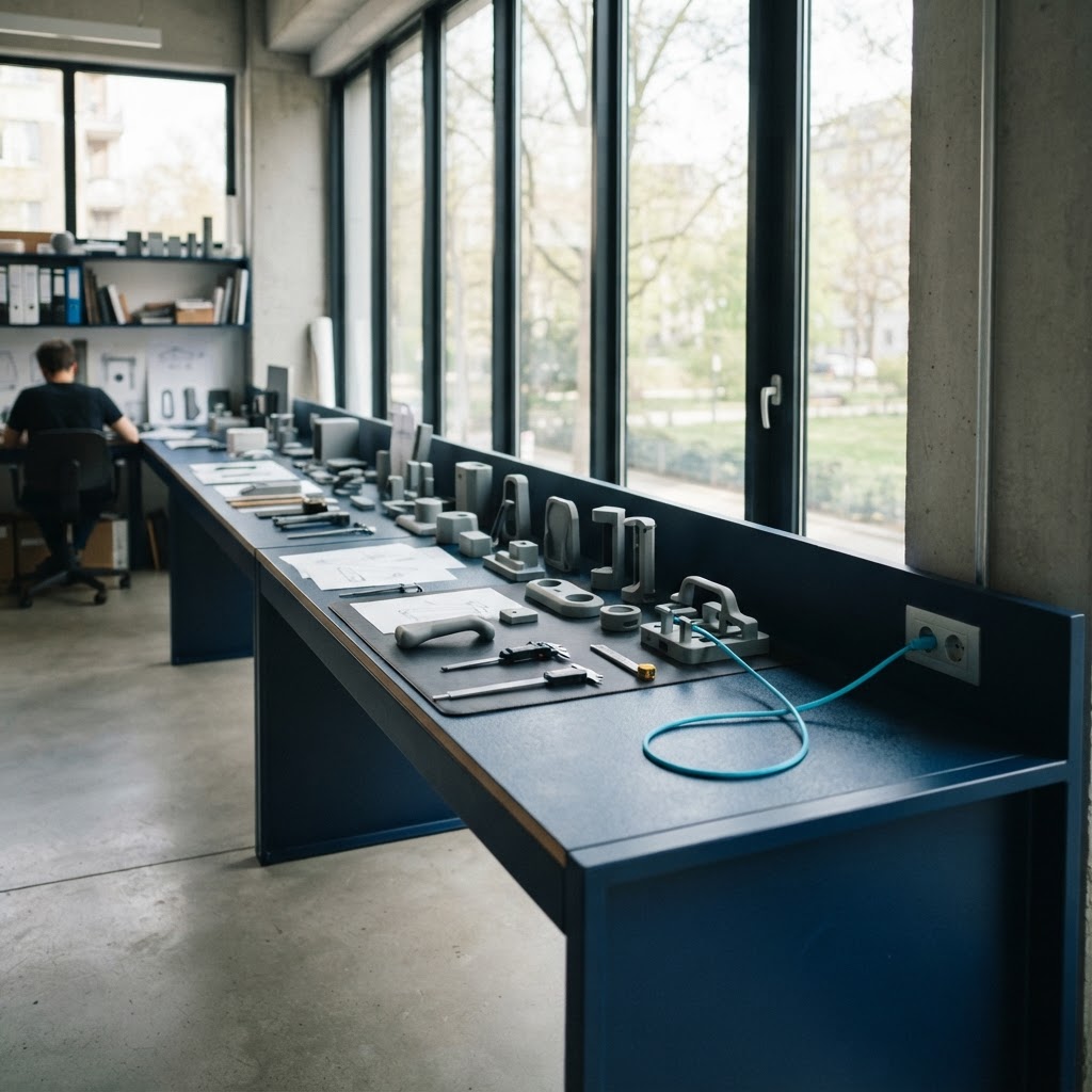 Modern engineering studio workspace with hardware prototypes