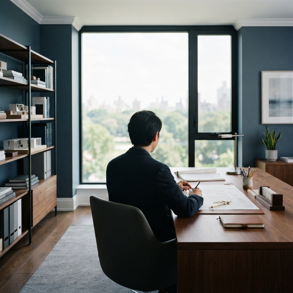 A professional working in a minimalist office environment