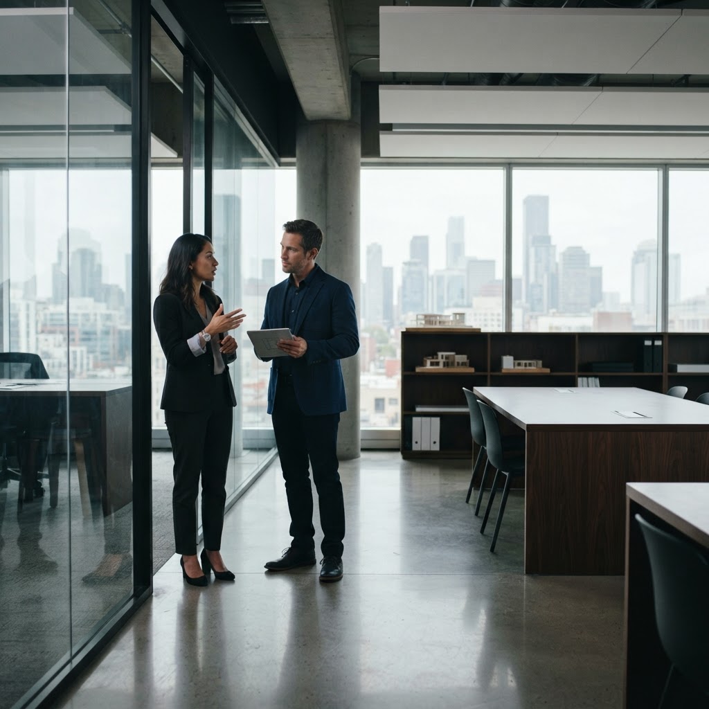 Professional colleagues discussing strategy in a modern office