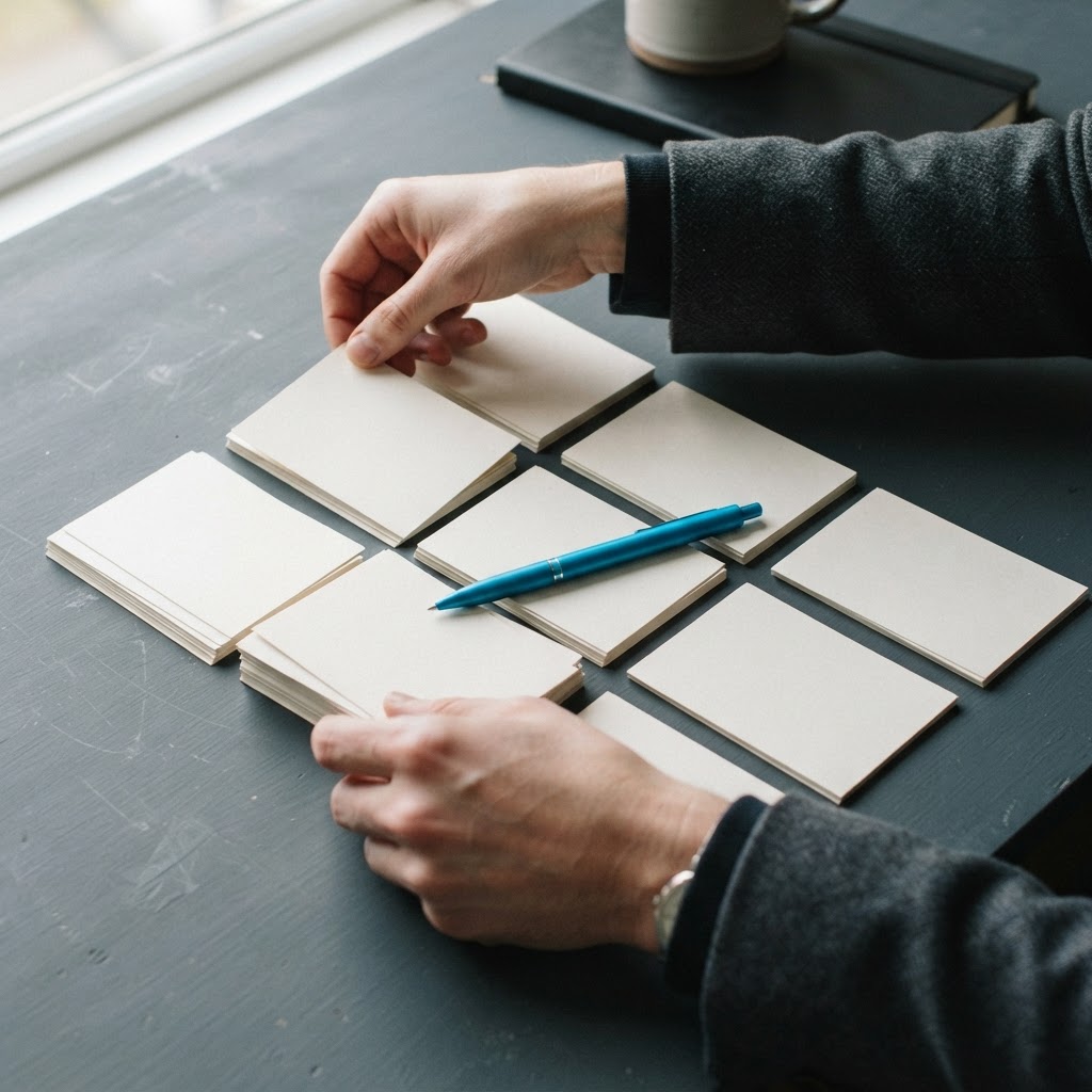 Hands organizing professional physical project evaluation cards