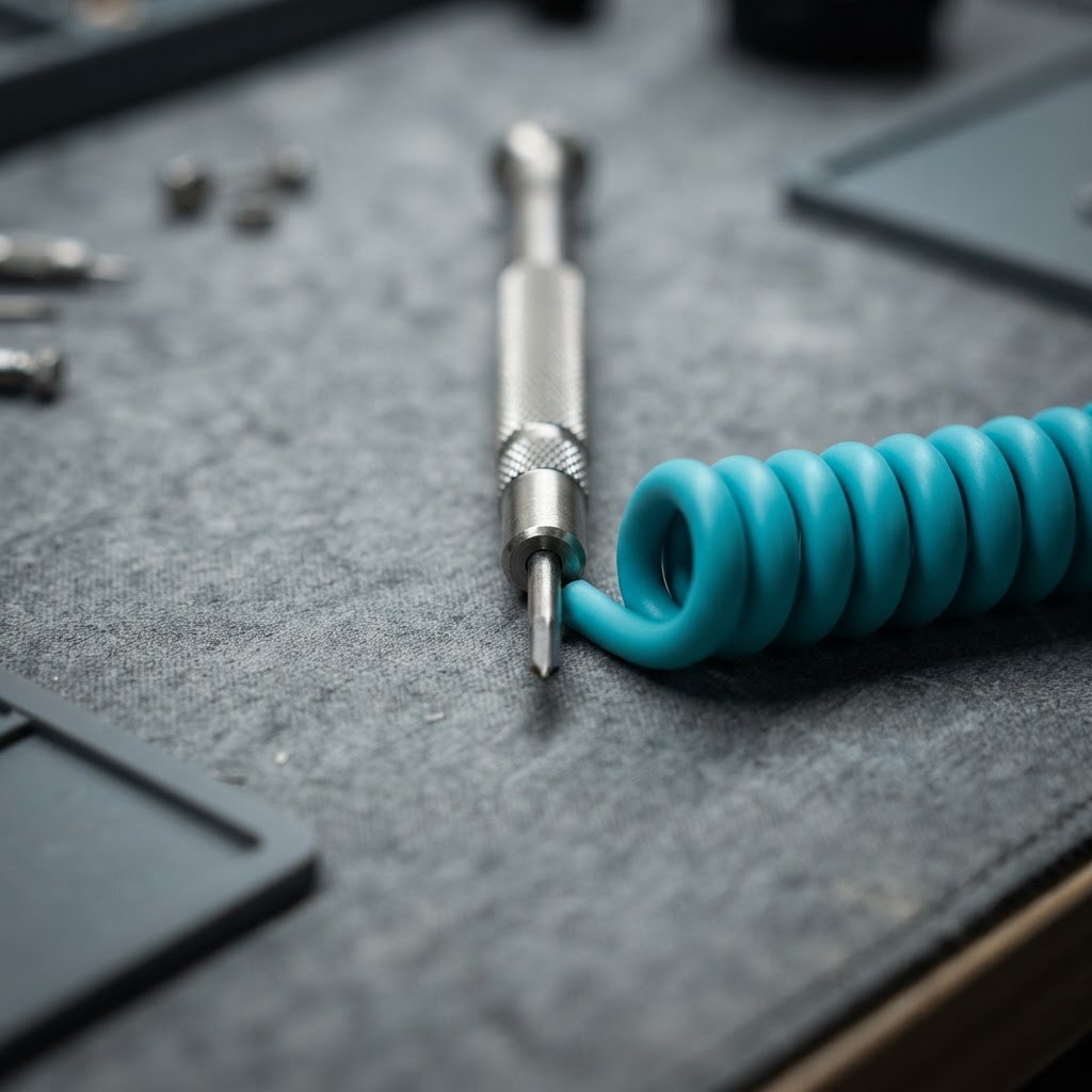 Precision tools and hardware components on a workbench