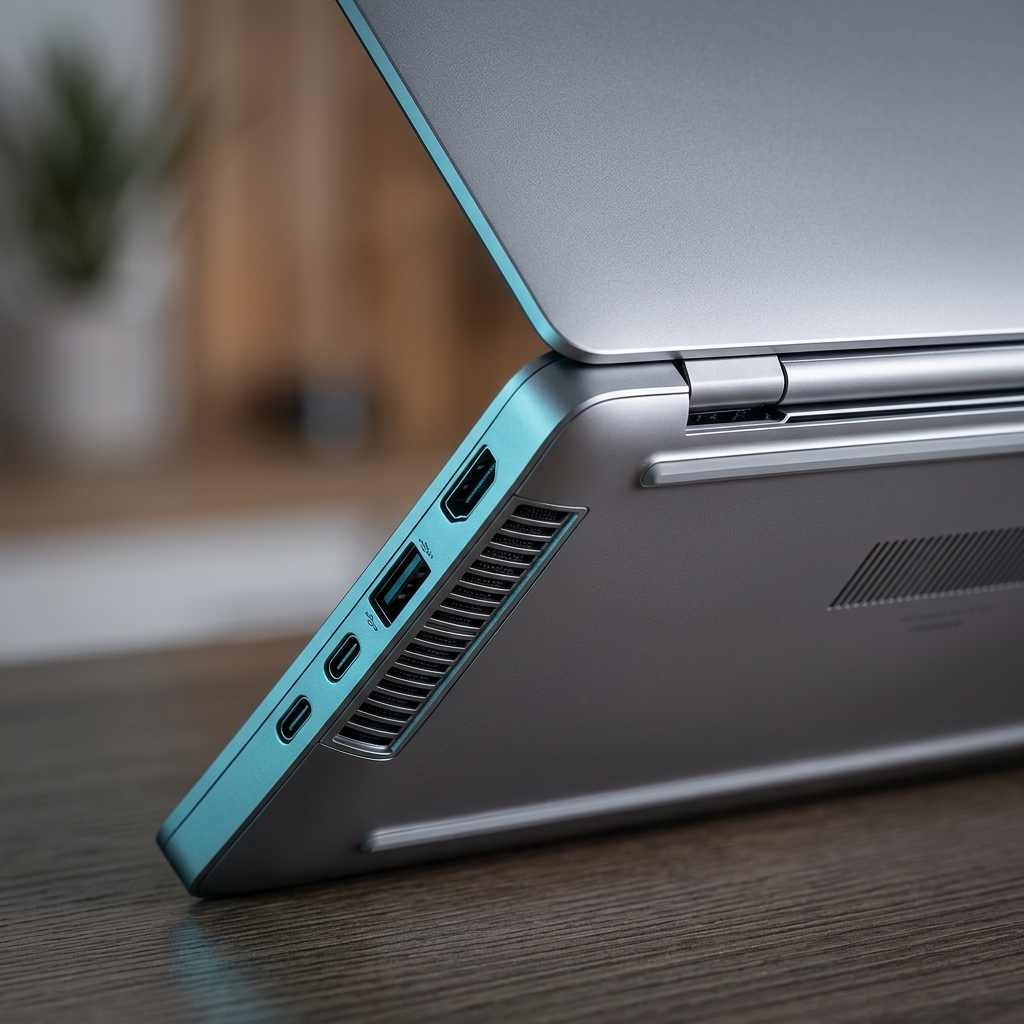 Laptop hardware detail showing ports and engineering
