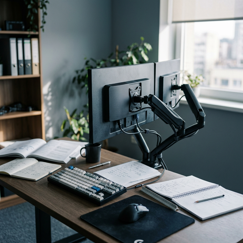Developer workspace with multiple monitors and documentation